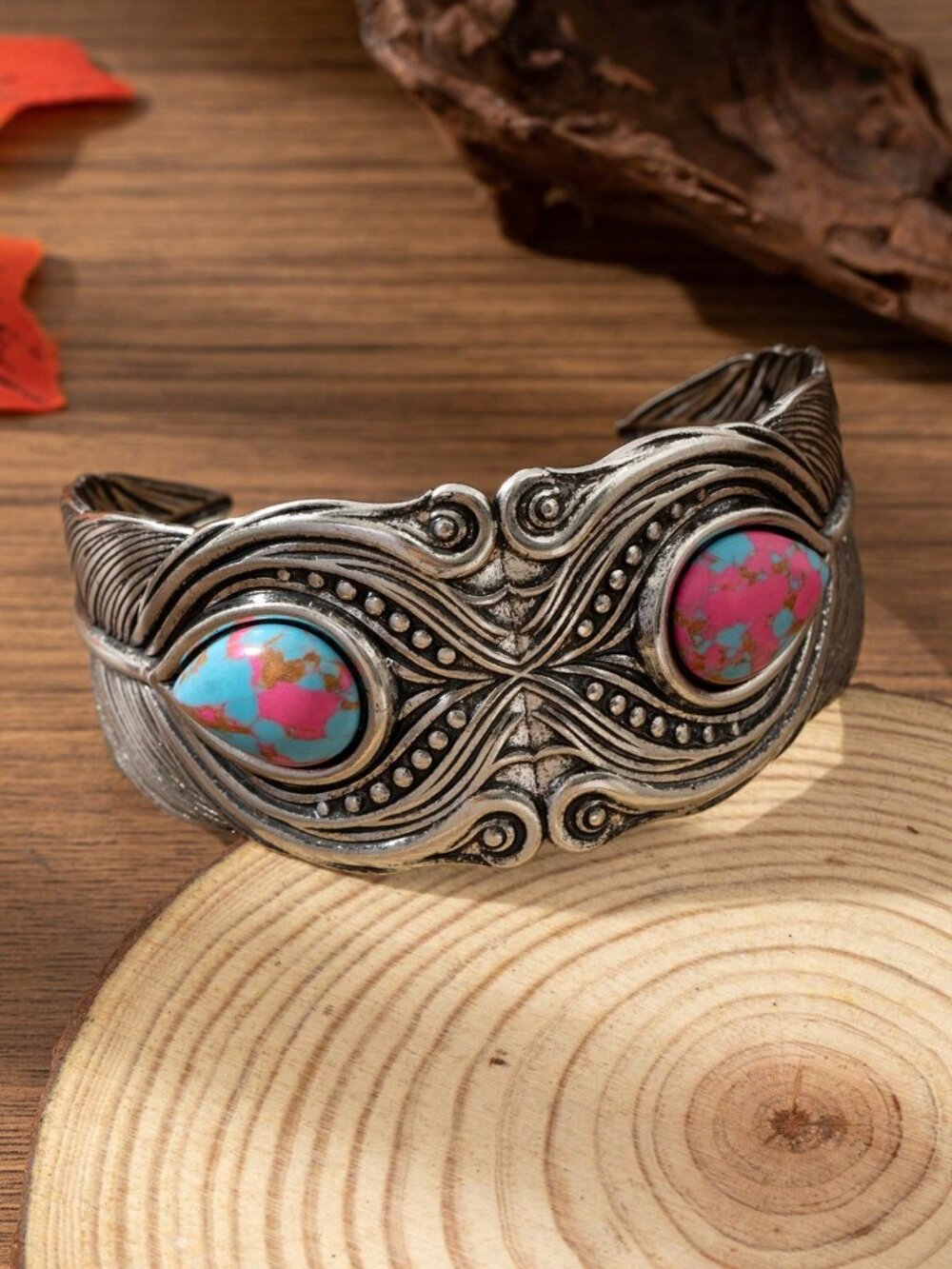 Turquoise-Pink Stone Silver-Tone Cuff Bracelet by